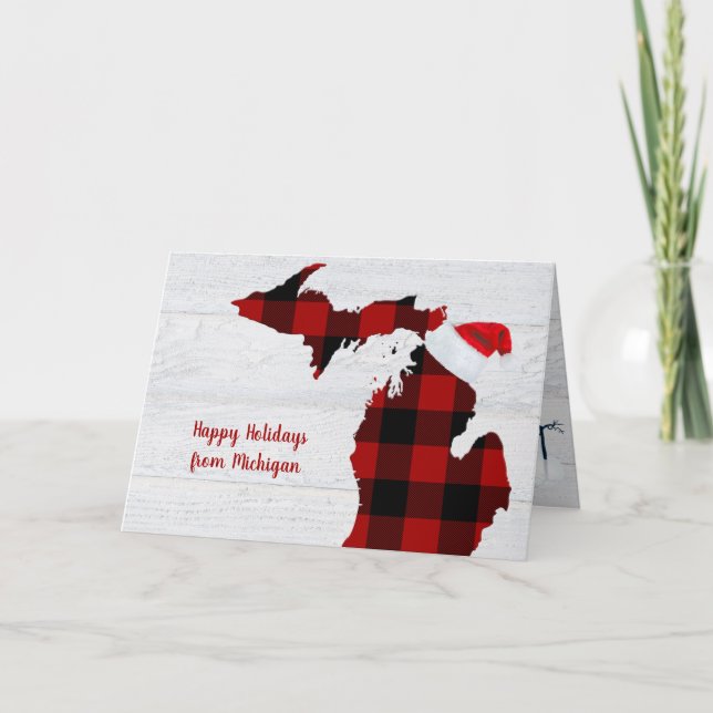 Michigan with buffalo plaid and Santa cap Card (Front)