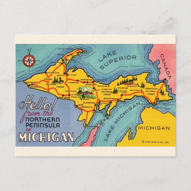Michigan's Northern Peninsula Map Postcard (Front)