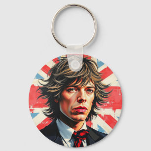 Mick Jagger Rolling Stones in front of a Union Jac Keychain