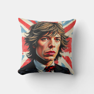 Mick Jagger Rolling Stones in front of a Union Jac Throw Pillow