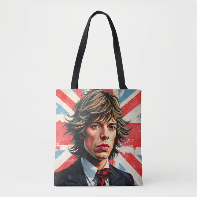 Mick Jagger Rolling Stones in front of a Union Jac Tote Bag (Front)