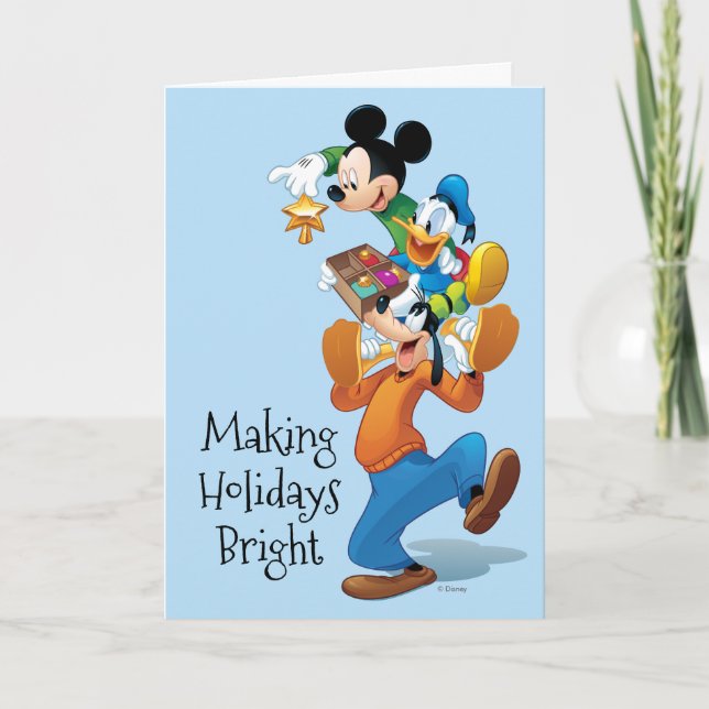 Mickey And Friends | Mickey Decorating The Tree Holiday Card (Front)