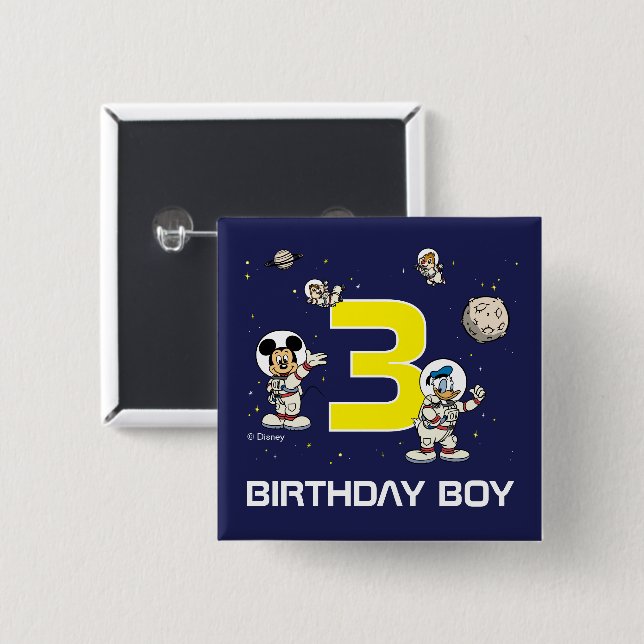 Mickey and Friends Outer Space Birthday Boy 2 Inch Square Button (Front & Back)