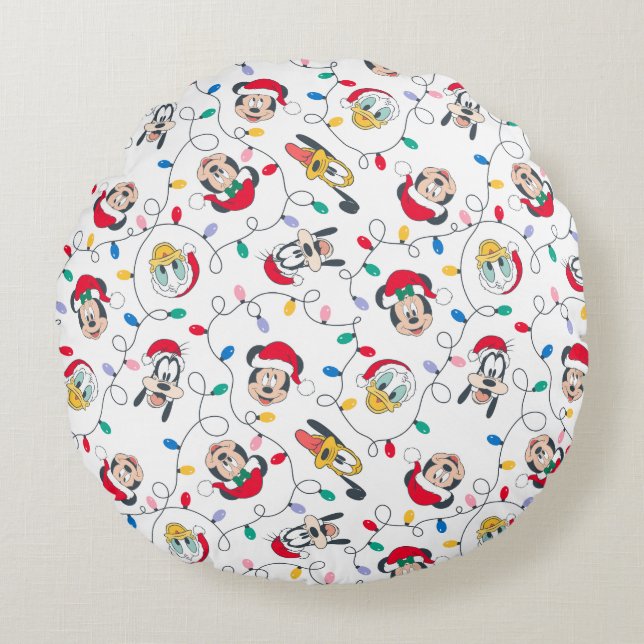 Mickey & Friends | Christmas Lights Pattern Round Pillow (Front)