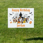 Mickey & Friends Halloween Birthday Garden Sign<br><div class="desc">Welcome guests to a ghoulishly good time with this personalized yard sign! Featuring Mickey, Minnie, Donald, and Goofy in their festive Halloween costumes, this sign is the perfect way to greet partygoers. Standing in front of a spooky haunted house with bats and jack-o'-lanterns, the gang is ready to celebrate. Customize...</div>