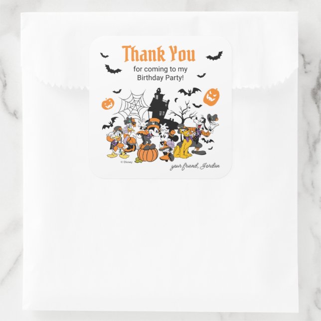 Mickey & Friends Halloween Birthday Thank You Square Sticker (Bag)