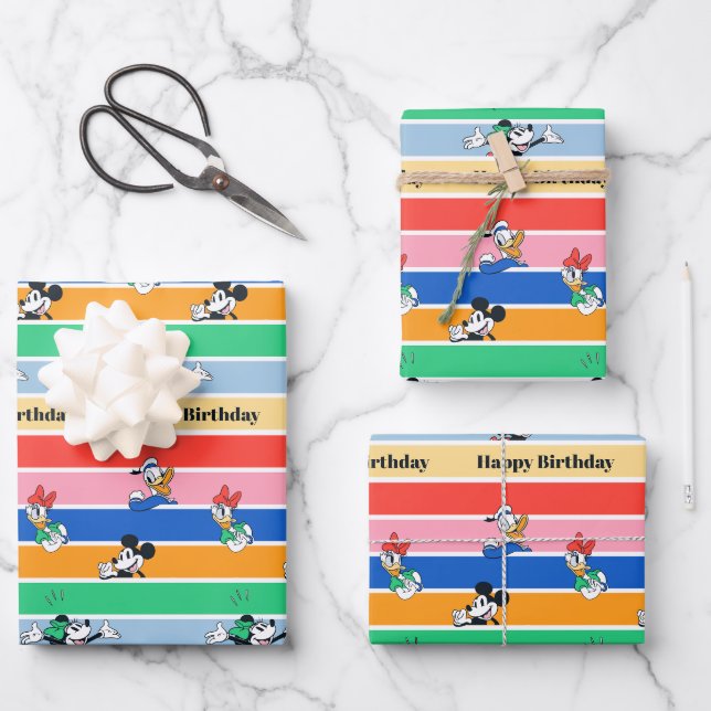 Mickey & Friends Pop-Out Colour Striped Graphic Wrapping Paper Sheet (Front)