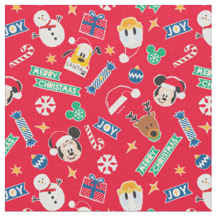 Mickey & Friends Red Merry Christmas Icon Pattern Fabric