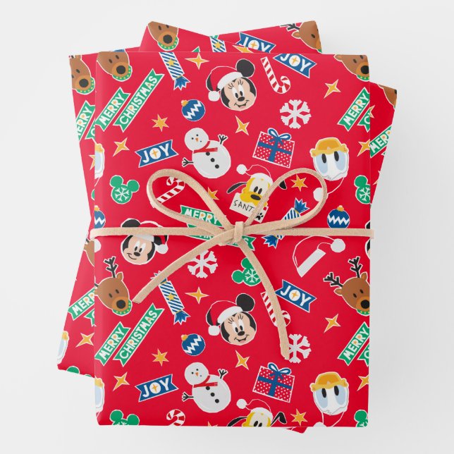 Mickey & Friends Red Merry Christmas Icon Pattern Wrapping Paper Sheet (In situ)