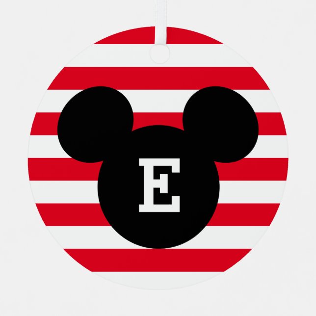 Mickey Head Silhouette Striped Pattern | Monogram Metal Ornament (Front)