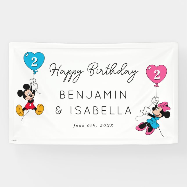 Mickey & Minnie Balloons Twins Birthday Banner (Horizontal)