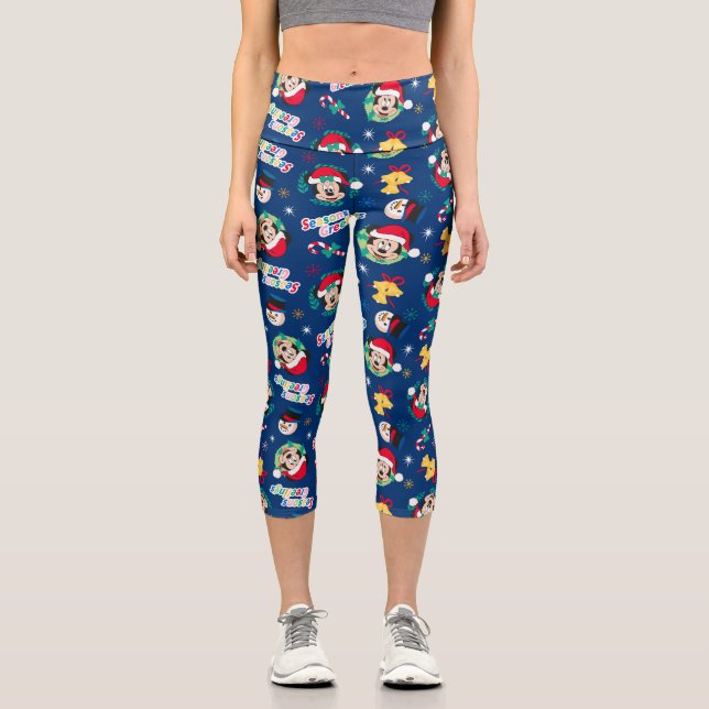 Mickey & Minnie | Blue Season's Greetings Pattern Capri Leggings (Front)