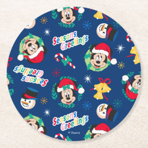 Mickey & Minnie   Blue Season's Greetings Pattern Round Paper Coaster