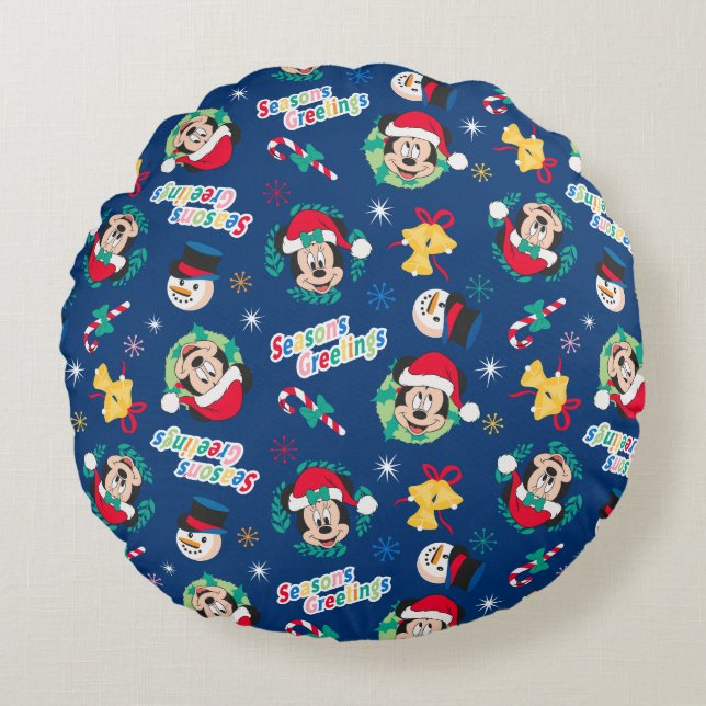 Mickey & Minnie | Blue Season's Greetings Pattern Round Pillow (Front)
