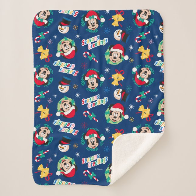 Mickey & Minnie | Blue Season's Greetings Pattern Sherpa Blanket (Front)