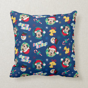 Mickey & Minnie   Blue Season's Greetings Pattern Throw Pillow