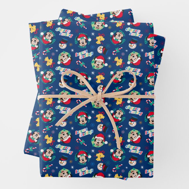 Mickey & Minnie | Blue Season's Greetings Pattern Wrapping Paper Sheet (In situ)