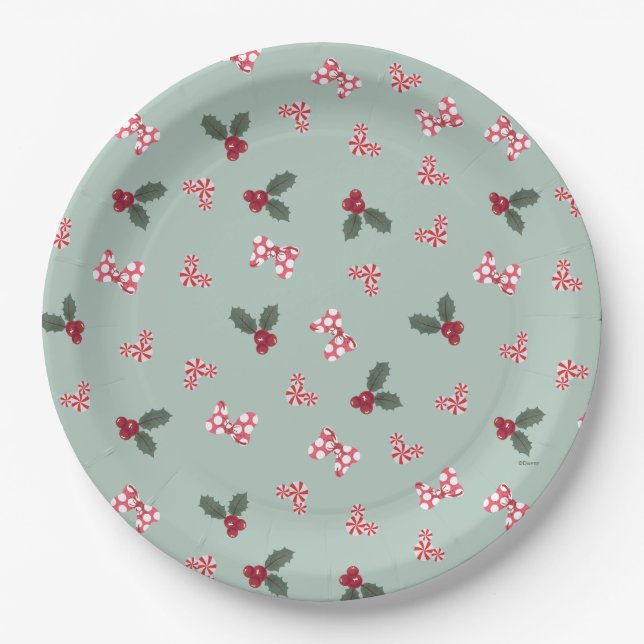 Mickey & Minnie | Christmas Holly Pattern Paper Plate (Front)