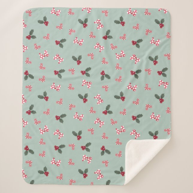 Mickey & Minnie | Christmas Holly Pattern Sherpa Blanket (Front)