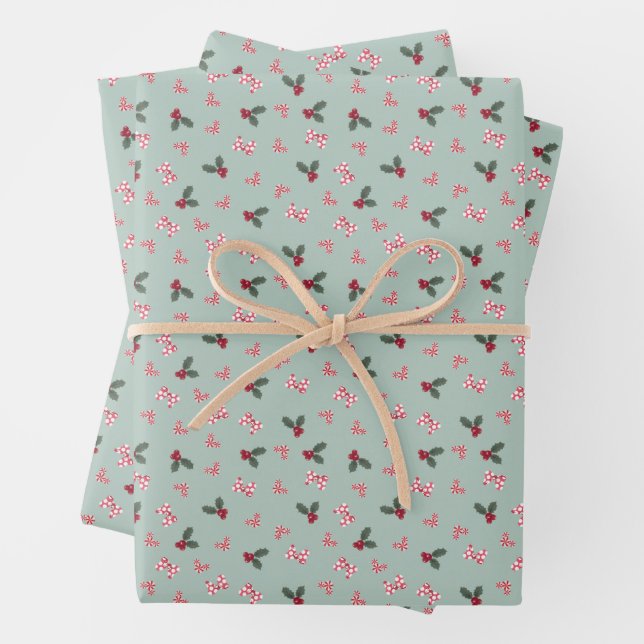 Mickey & Minnie | Christmas Holly Pattern Wrapping Paper Sheet (In situ)