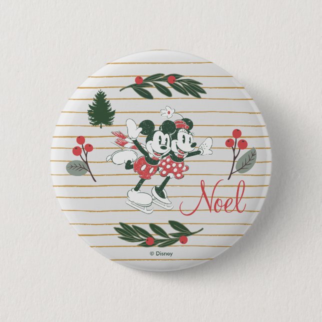Mickey & Minnie | Christmas Skating Noel 2 Inch Round Button (Front)