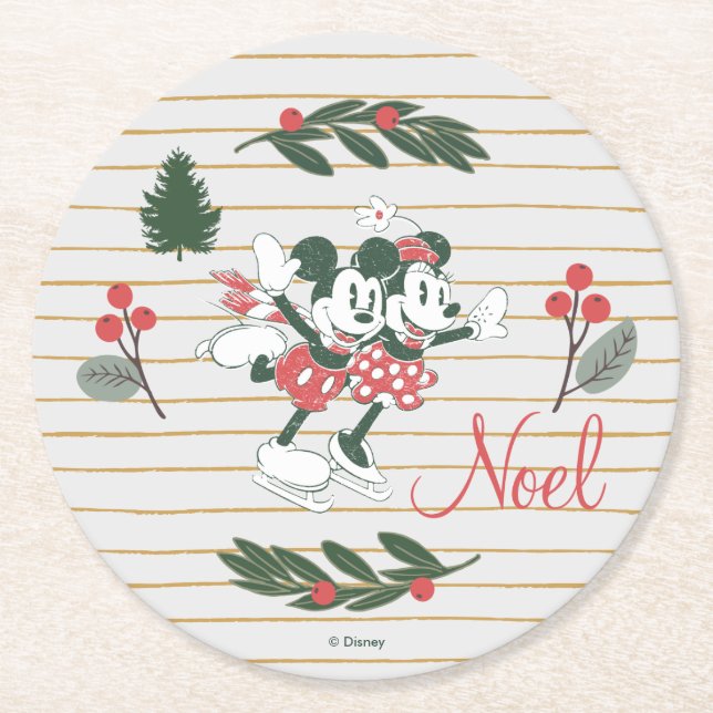 Mickey & Minnie | Christmas Skating Noel Round Paper Coaster (Front)