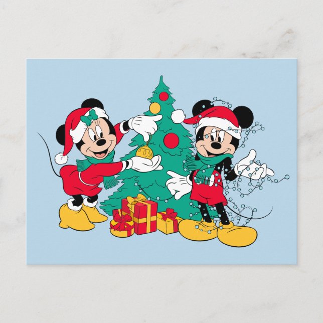 Mickey & Minnie | Decorate the Christmas Tree Holiday Postcard (Front)