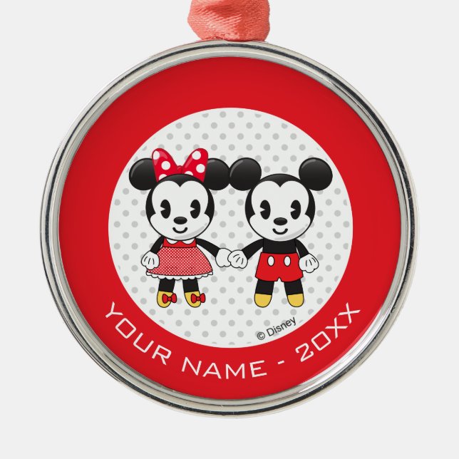 Mickey Minnie Holding Hands Emoji | Add Your Name Metal Ornament (Front)
