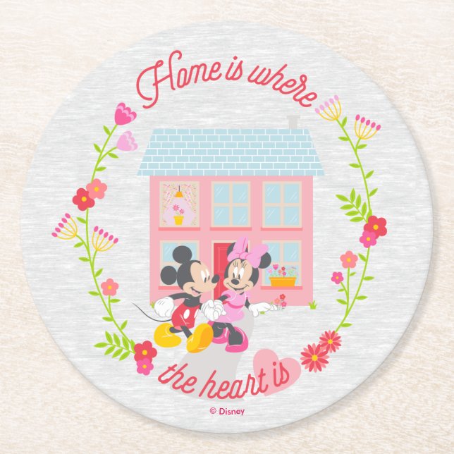 Mickey & Minnie | Home Is Where The Heart Is Round Paper Coaster (Front)
