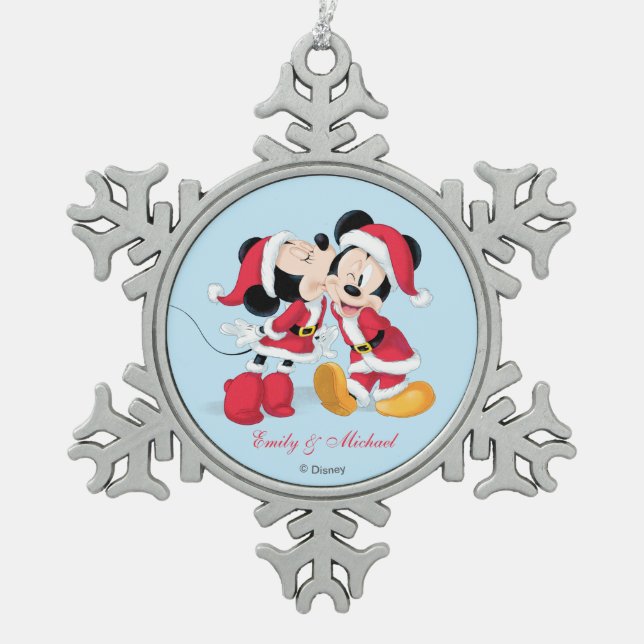Mickey & Minnie | Jingle Bell Fun Snowflake Pewter Christmas Ornament (Front)