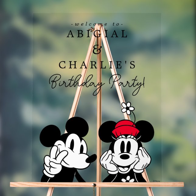 Mickey & Minnie Kids Joint Birthday Welcome Acrylic Sign (Neutral)