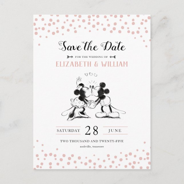 Mickey & Minnie | Pink Confetti Save the Date Postcard (Front)