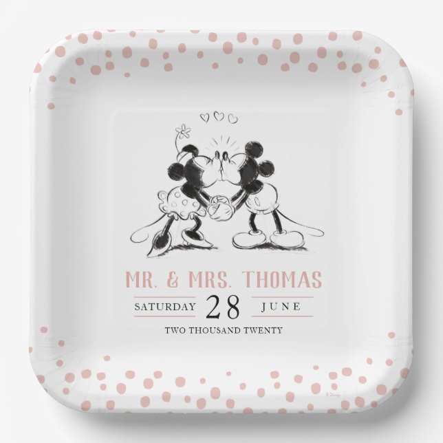 Mickey & Minnie | Pink Confetti Wedding Paper Plate (Front)