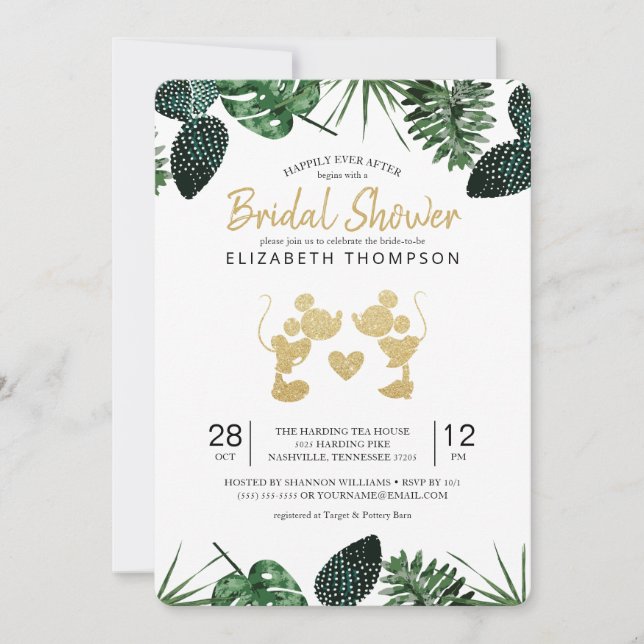 Mickey & Minnie Tropical Faux Gold Bridal Shower Invitation (Front)