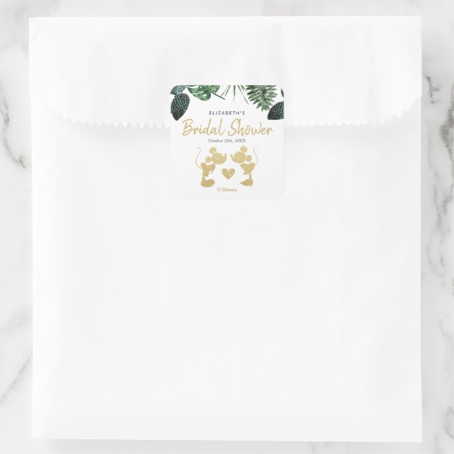 Mickey & Minnie | Tropical Faux Gold Bridal Shower Square Sticker (Bag)