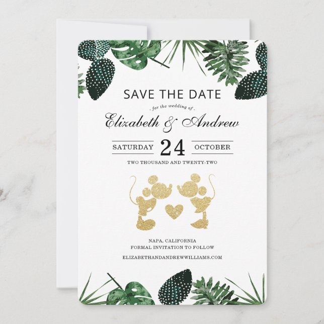 Mickey & Minnie Tropical Glitter Save the Date (Front)