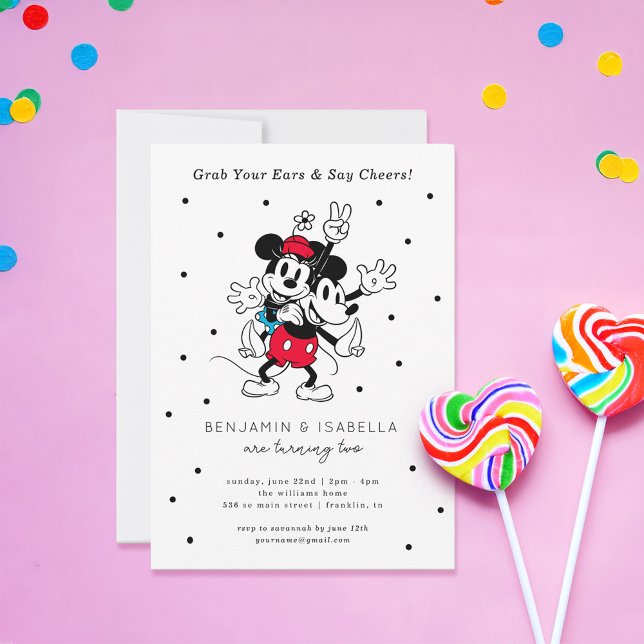 Mickey & Minnie | Twins Birthday  Invitation (Invitation on table)