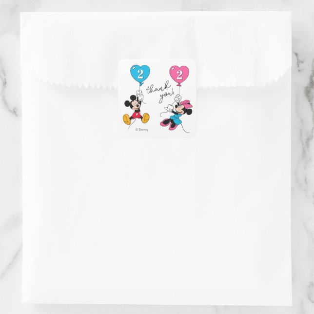 Mickey & Minnie | Twins Birthday Thank You Square Sticker (Bag)