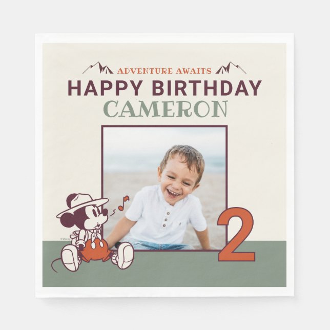 Mickey Mouse Adventure Awaits Camp Photo Birthday Napkin (Front)