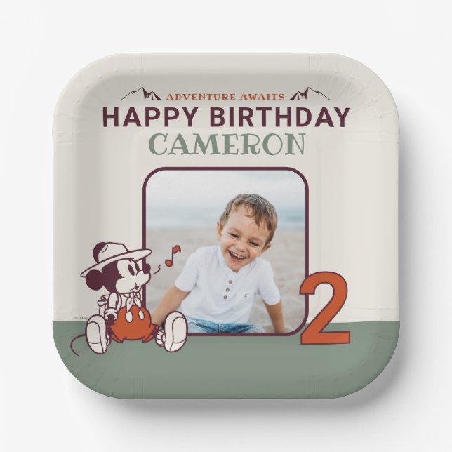 Mickey Mouse Adventure Awaits Camp Photo Birthday Paper Plate (Front)