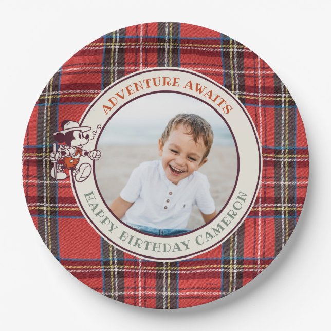 Mickey Mouse Adventure Awaits Camp Photo Birthday Paper Plate (Front)