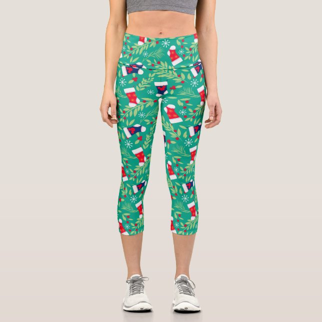 Mickey Mouse | Christmas Stockings & Holly Pattern Capri Leggings (Front)