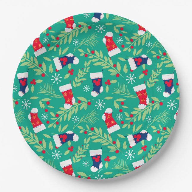 Mickey Mouse | Christmas Stockings & Holly Pattern Paper Plate (Front)