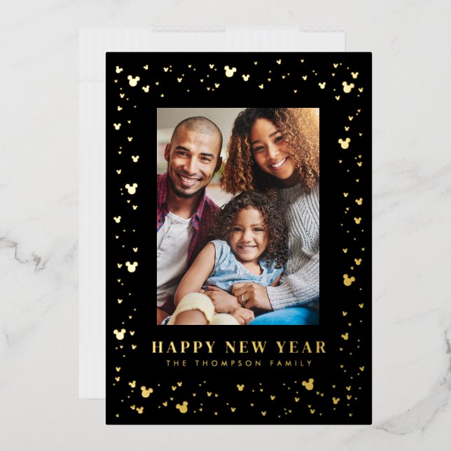Mickey Mouse Confetti Happy New Year Photo  Foil Holiday Card (Envelope)