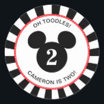Mickey Mouse | Icon Black & White Striped Birthday Classic Round Sticker<br><div class="desc">Add a touch of Disney charm to your birthday party favors with this Mickey Mouse icon black and white striped classic round sticker. Featuring Mickey in his iconic pose against a stylish black and white striped background, this sticker is perfect for sealing party bags, thank you cards, or gifts. Customizable...</div>