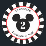 Mickey Mouse | Icon Black & White Striped Birthday Classic Round Sticker<br><div class="desc">Add a touch of Disney charm to your birthday party favors with this Mickey Mouse icon black and white striped classic round sticker. Featuring Mickey in his iconic pose against a stylish black and white striped background, this sticker is perfect for sealing party bags, thank you cards, or gifts. Customizable...</div>