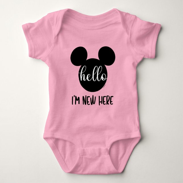 Mickey Mouse Icon | Hello I'm New Here Baby Bodysuit (Front)