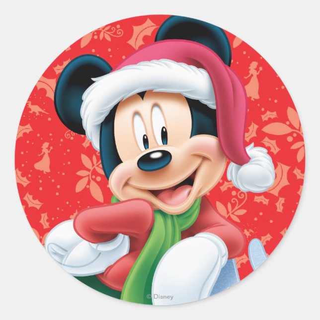 Mickey Mouse on Snowflake Classic Round Sticker (Front)