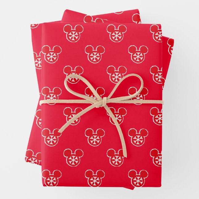 Mickey Mouse Red Holiday Snowflake Pattern Wrapping Paper Sheet (In situ)