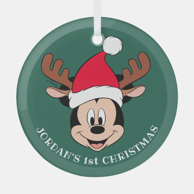 Mickey Mouse Reindeer Ears | Baby's 1st Christmas  Glass Ornament (Front)